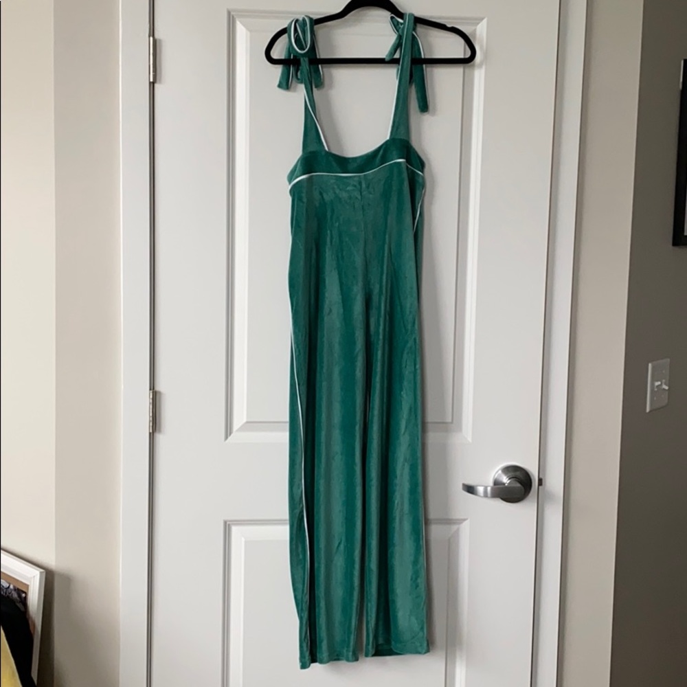 velvet jumpsuit with tie sleeves